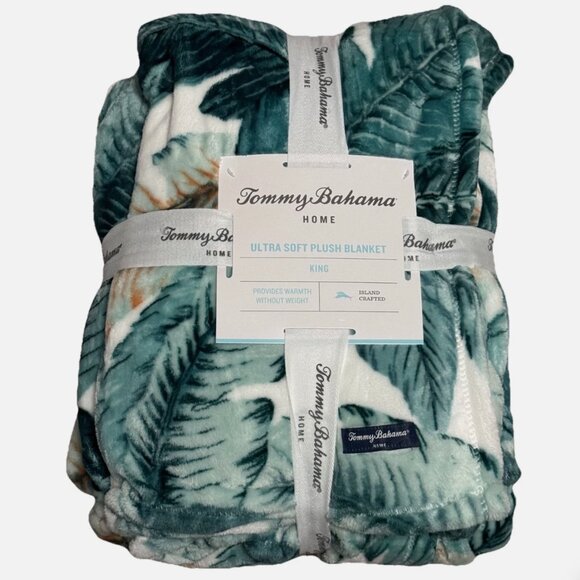 Tommy Bahama Green Vintage Palms KING Blanket Swaying Fronds Plush Micro Fleece - Picture 1 of 12